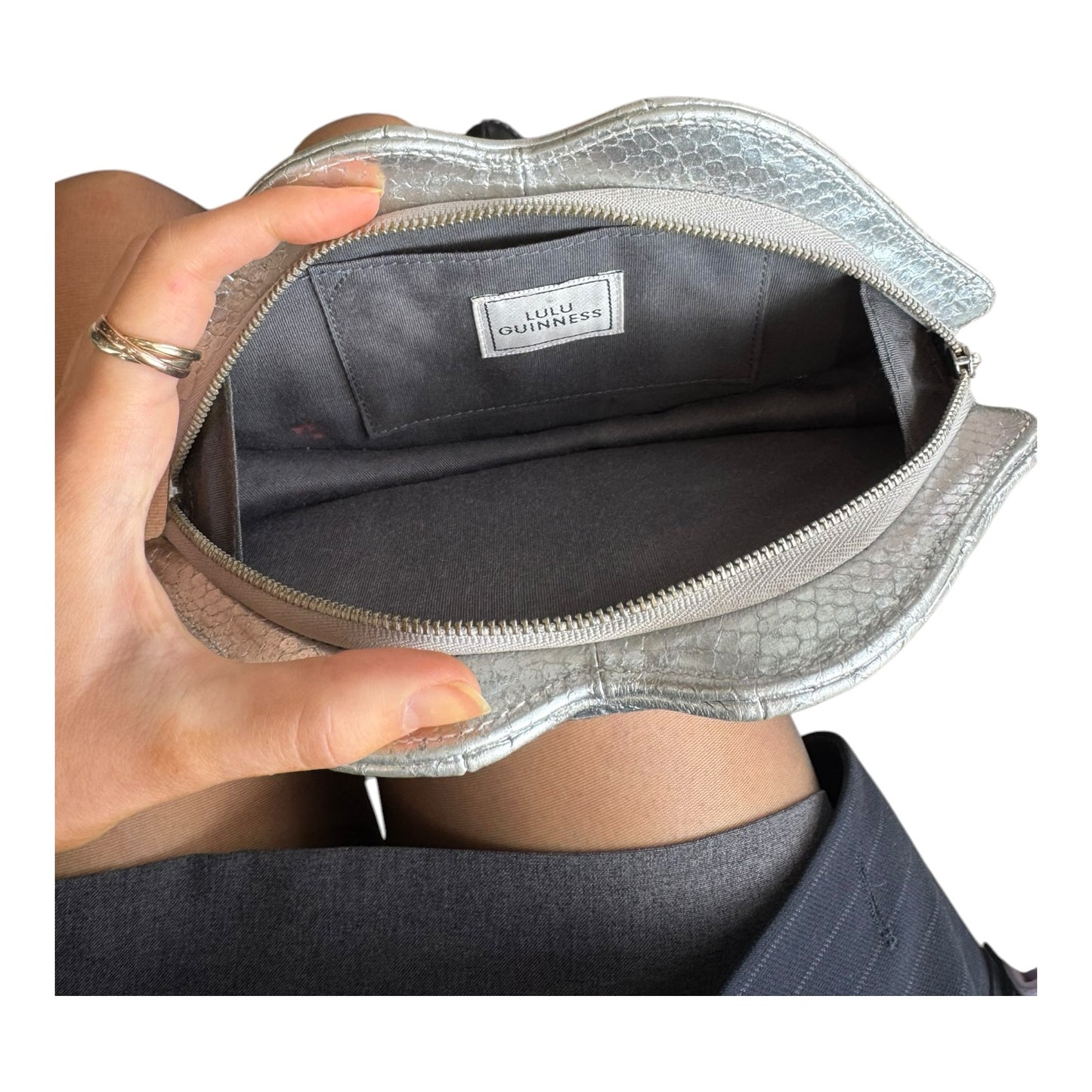 Lulu Guinness Silver Snake Print Lip Clutch