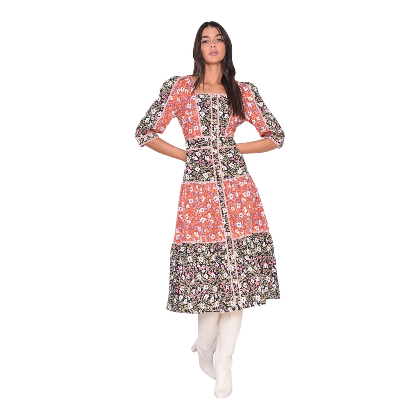 Glamorous Mixed Folk Poplin Square Neck Midi Dress - 8