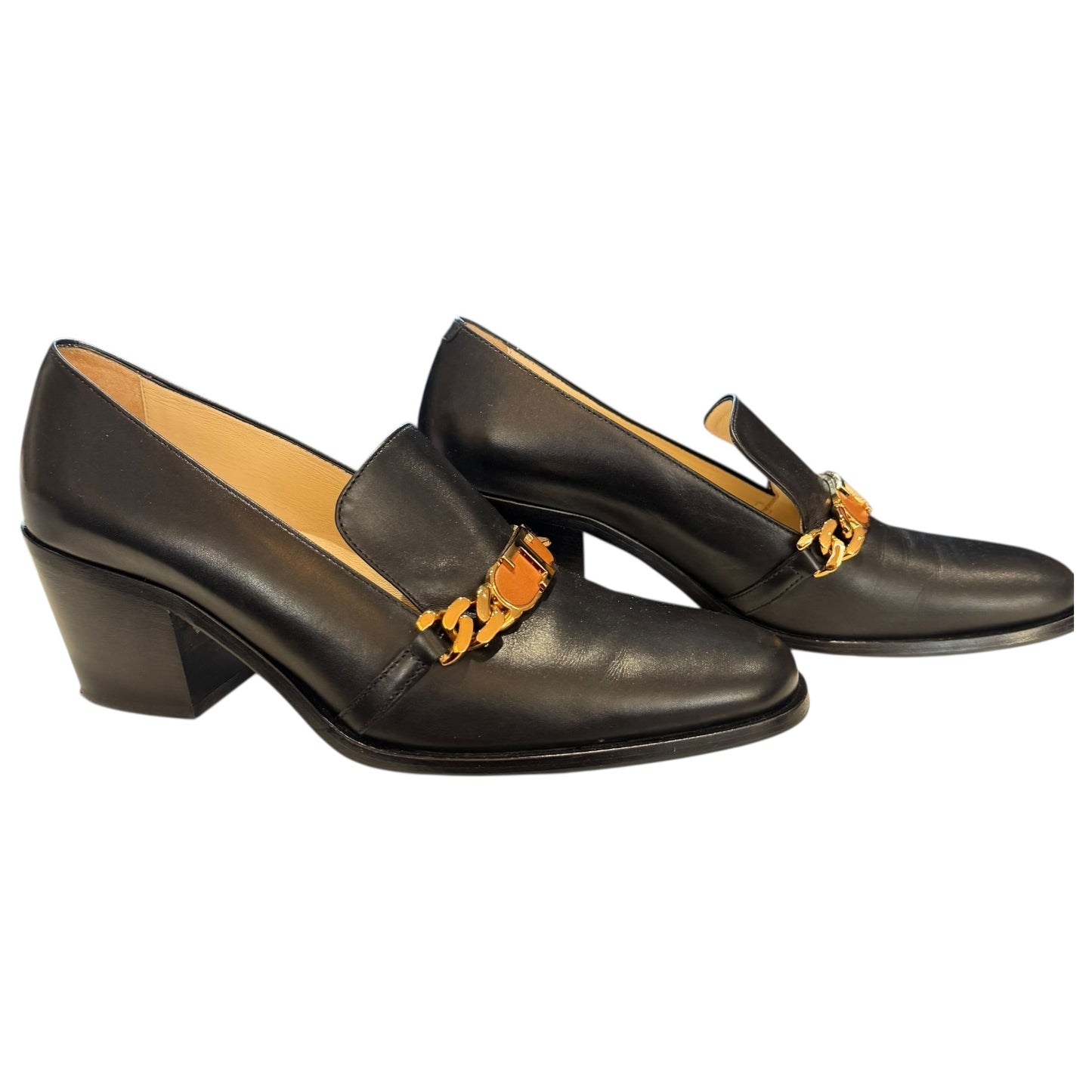 Tod's Black Leather Heeled Pumps with Gold Chain - 38/5