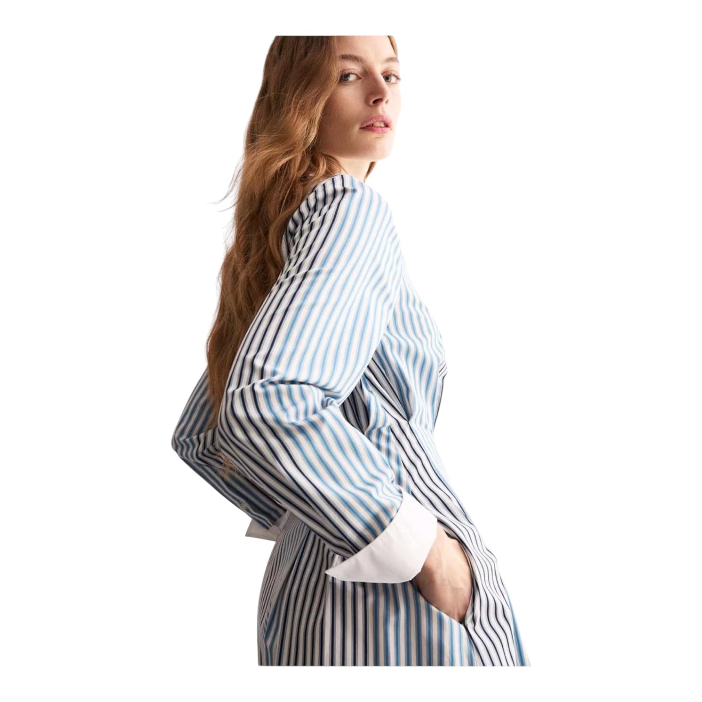 Jaeger Pure Cotton Blue Striped Midi Waisted Dress - 10