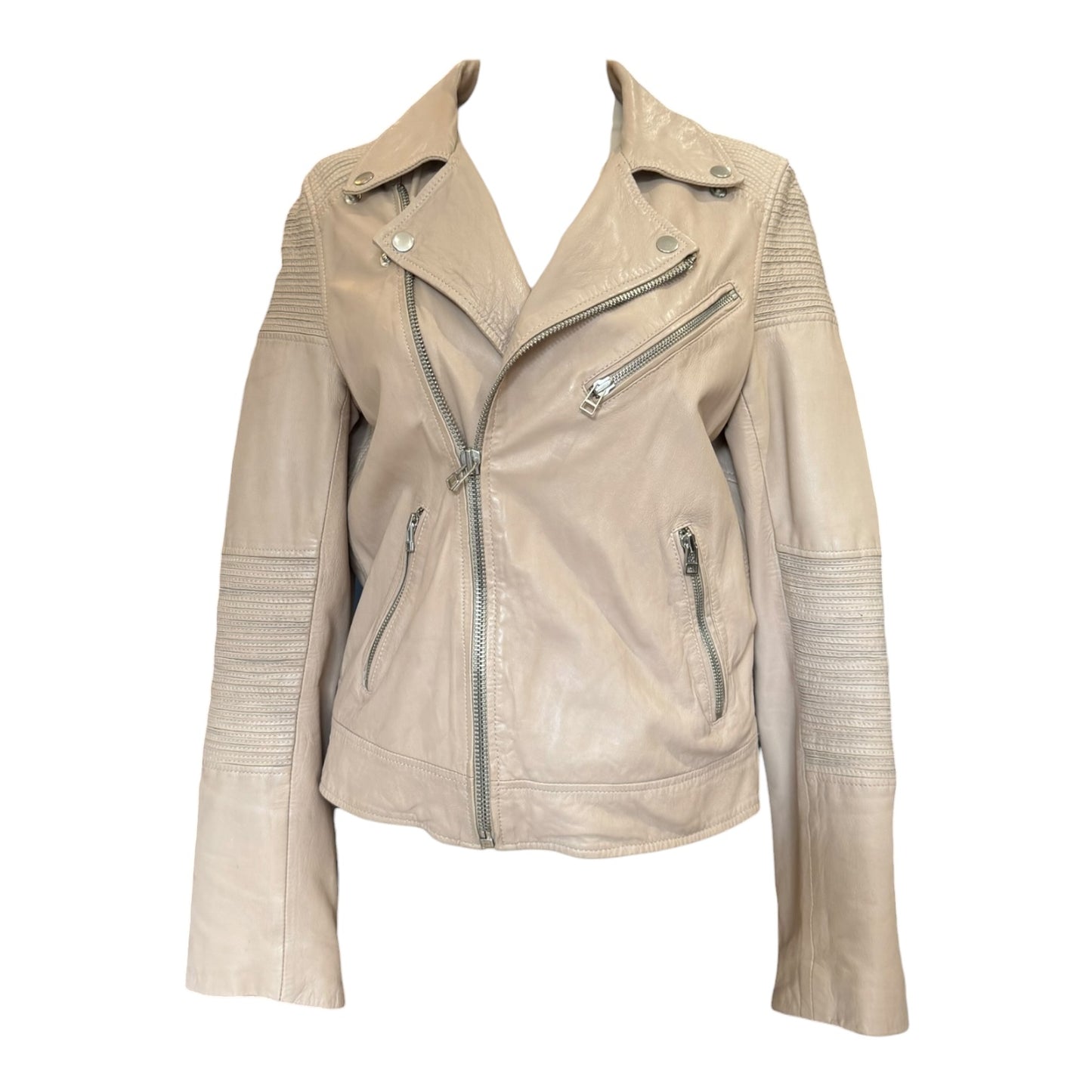 Swildens Cream Leather Biker Jacket - 10