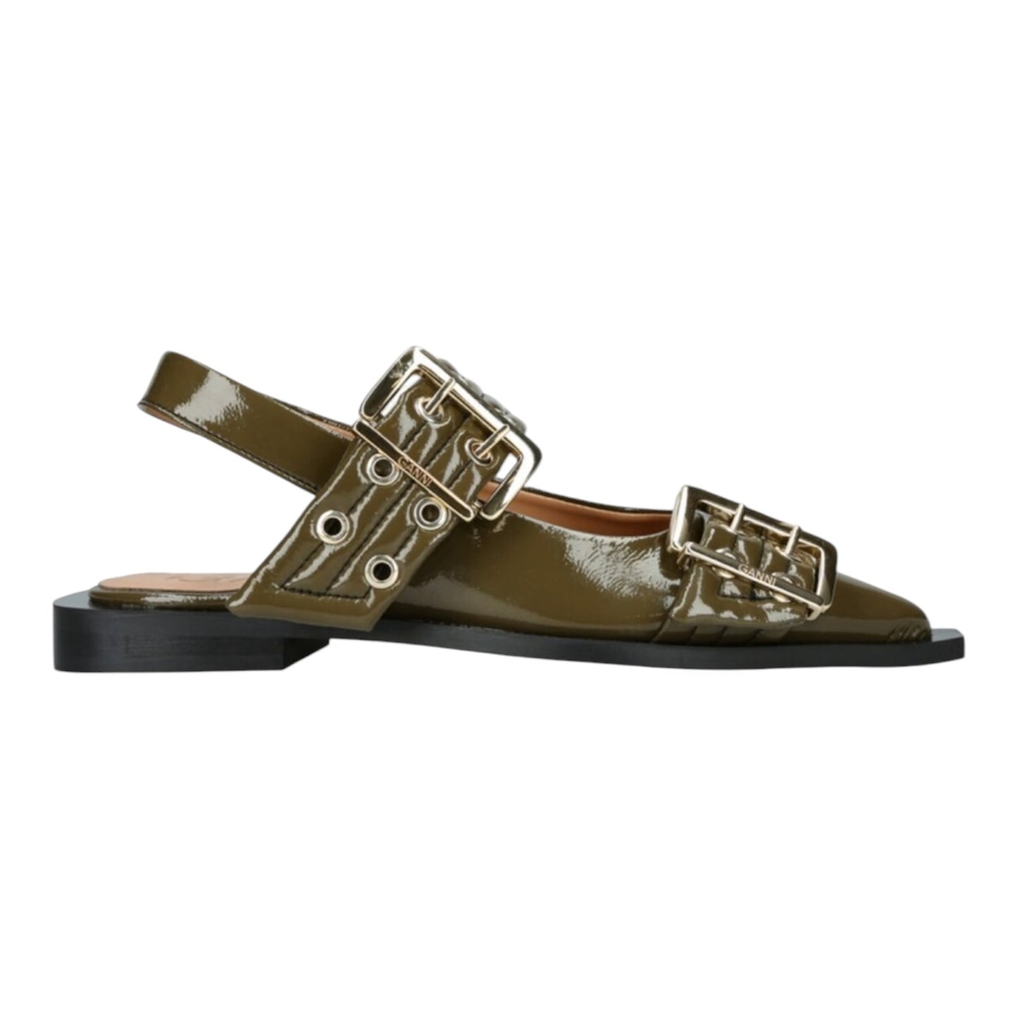 Ganni Khaki Buckle Ballerina Patent Slingback Flats - 37/4 - NEW