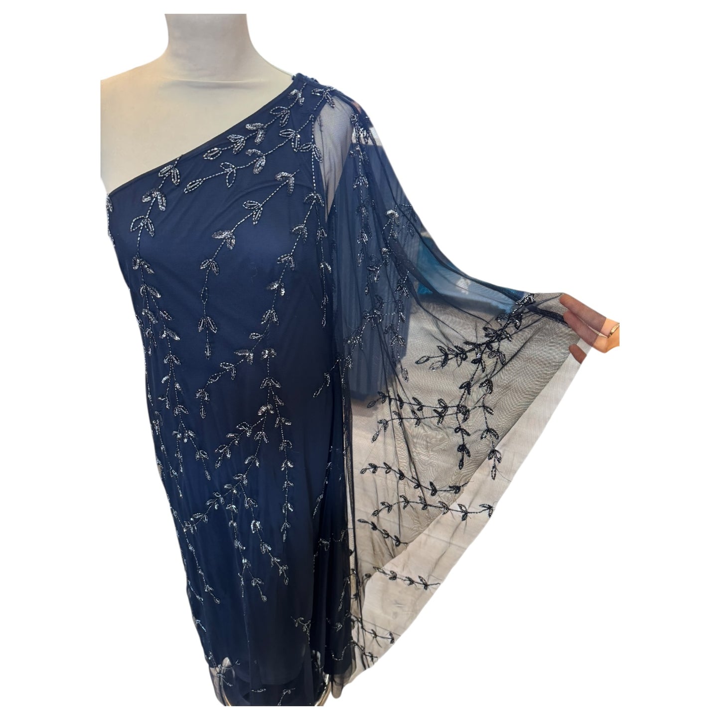 Adrianna Papell Navy Beaded One-Shoulder Evening Dress - 10