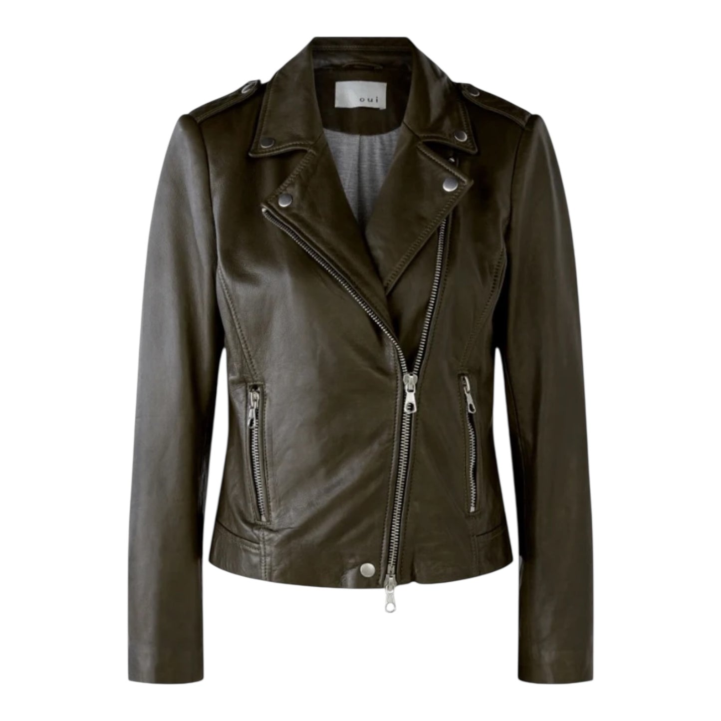 Oui Khaki Leather Biker Jacket - 8