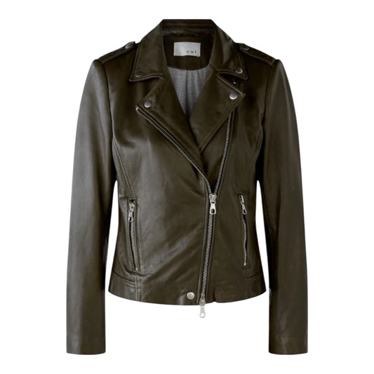 Oui Khaki Leather Biker Jacket - 8