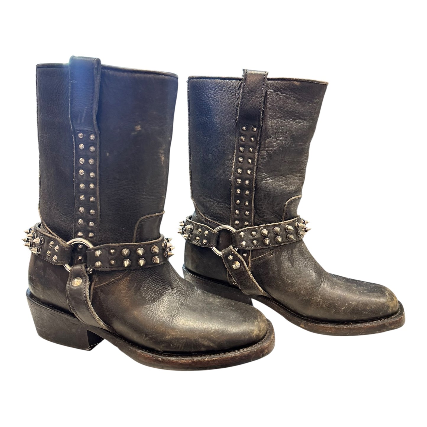 Ash Leather Mid-Calf Distressed Studded Boots - 37/4 - Worn Twice