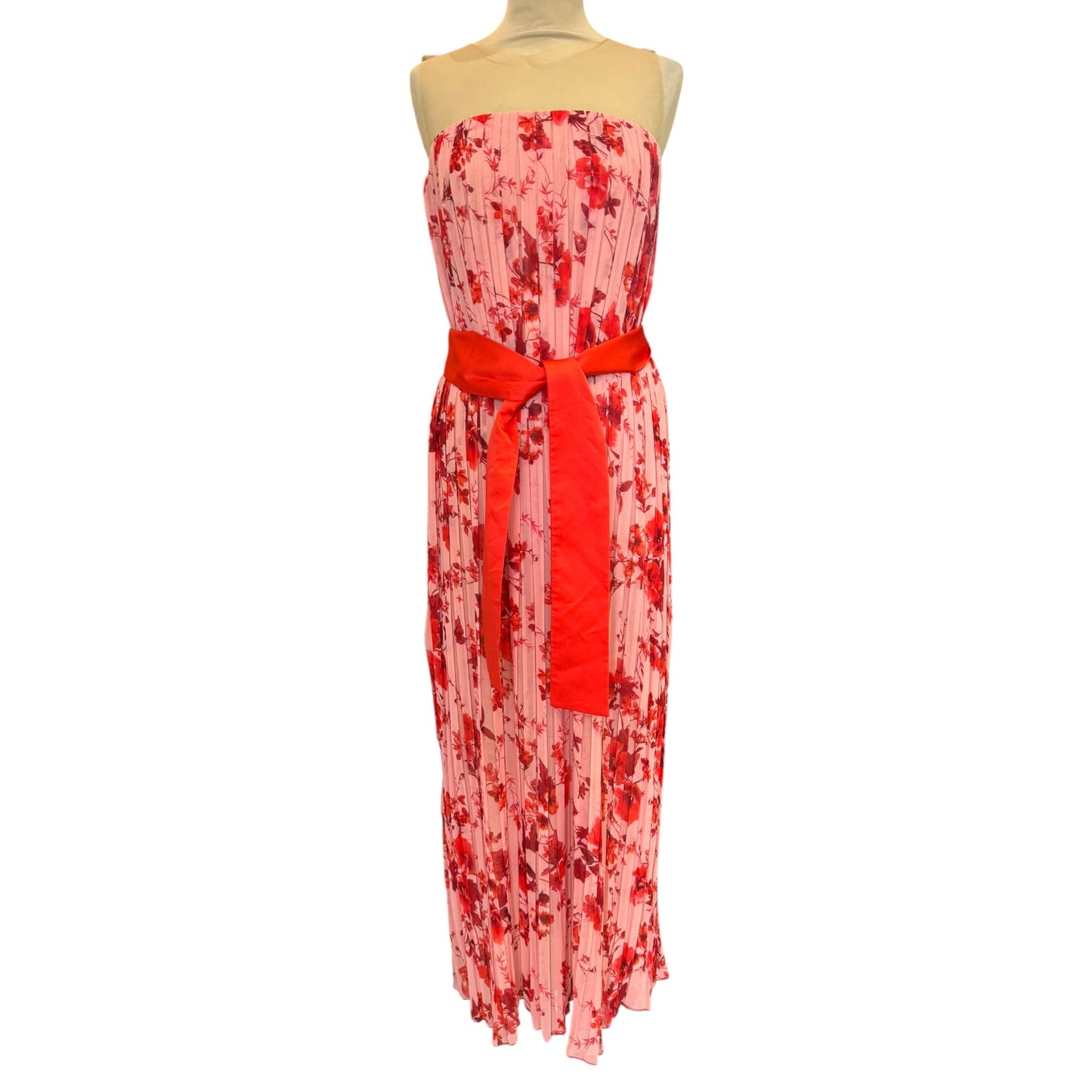 Access Pink and Red Floral Mesh Neck Maxi Dress - 10/12