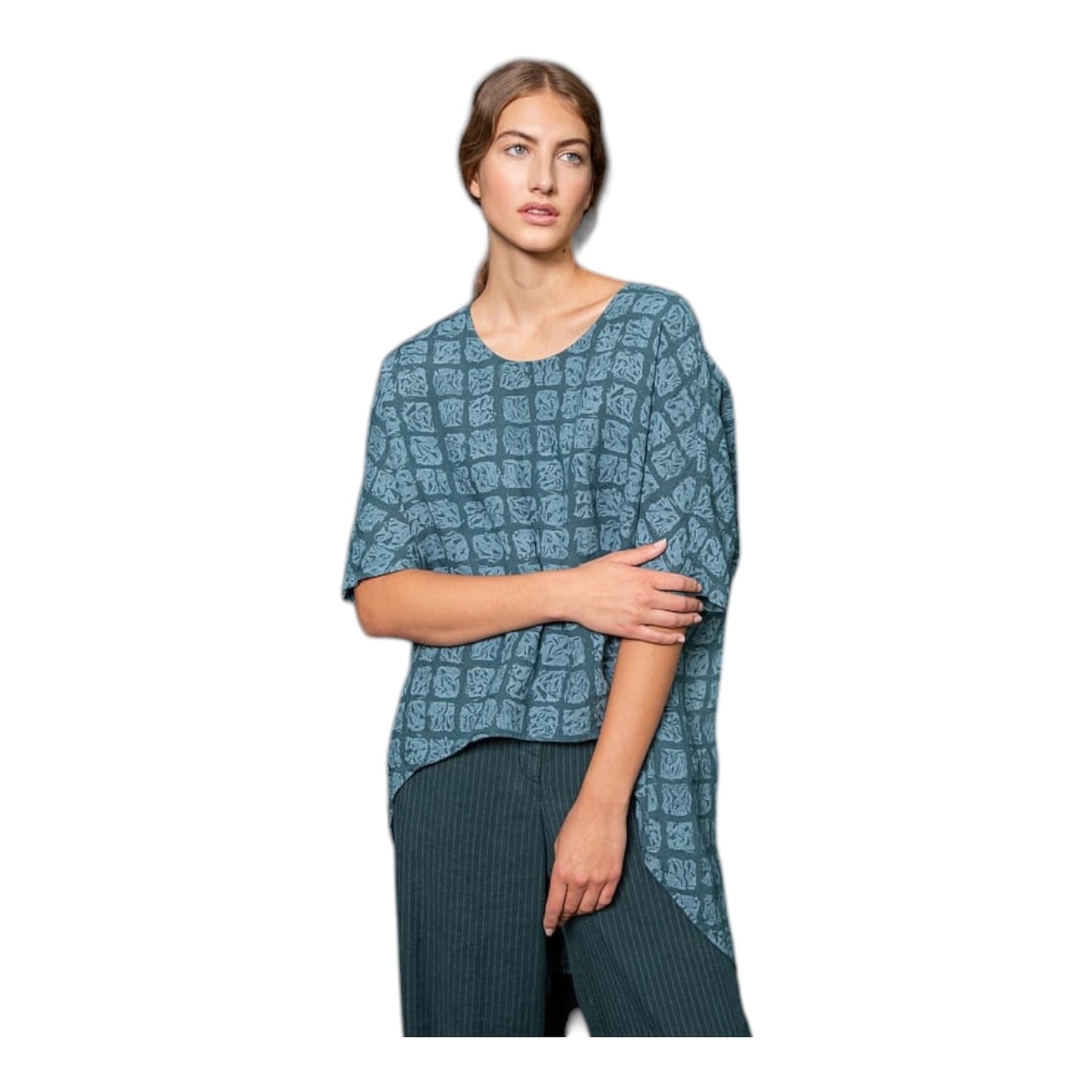 OSKA Teal Green Dip Hem Linen Top - 10/12