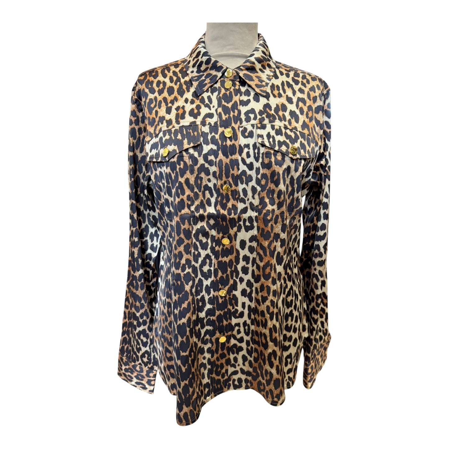 Ganni Satin Animal Print Long Sleeve Blouse - 14 - NEW