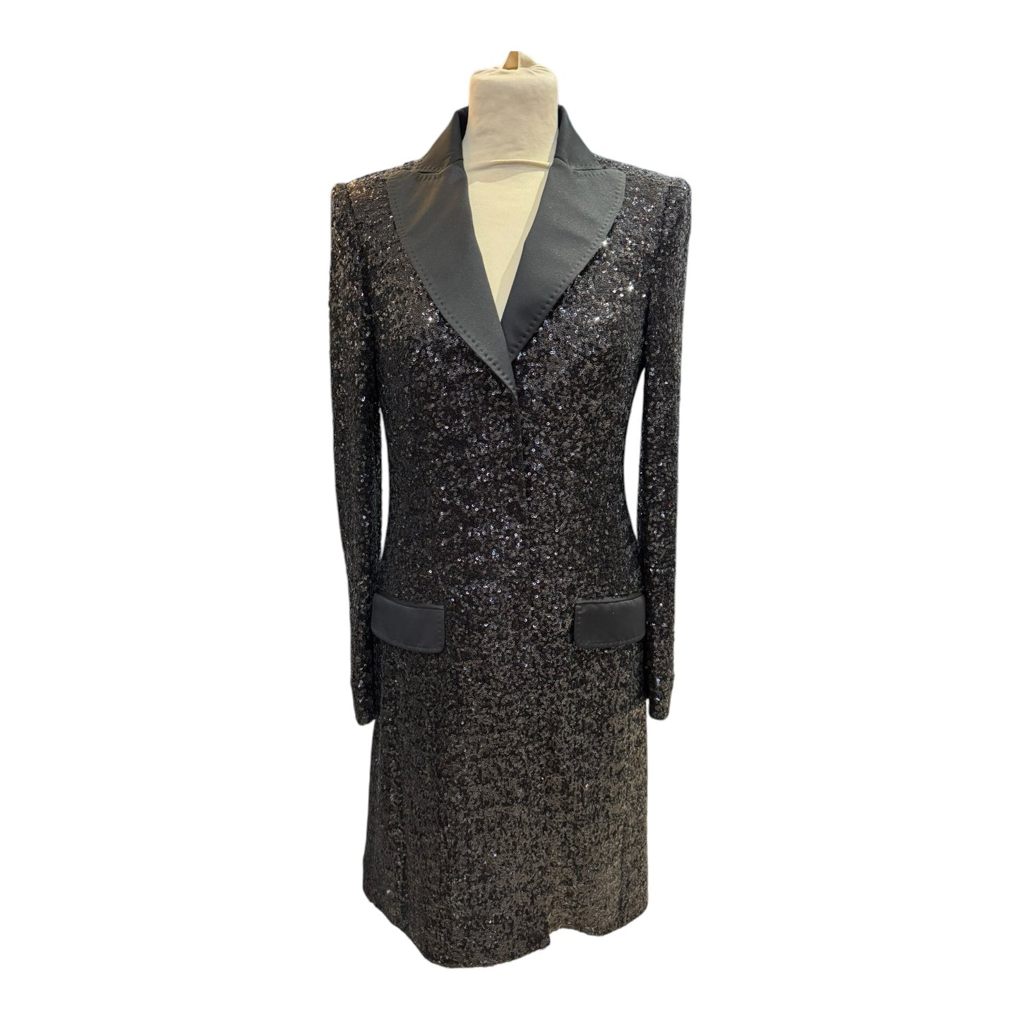 Moschino Black Longline Sequin and Satin Coat - 10/12