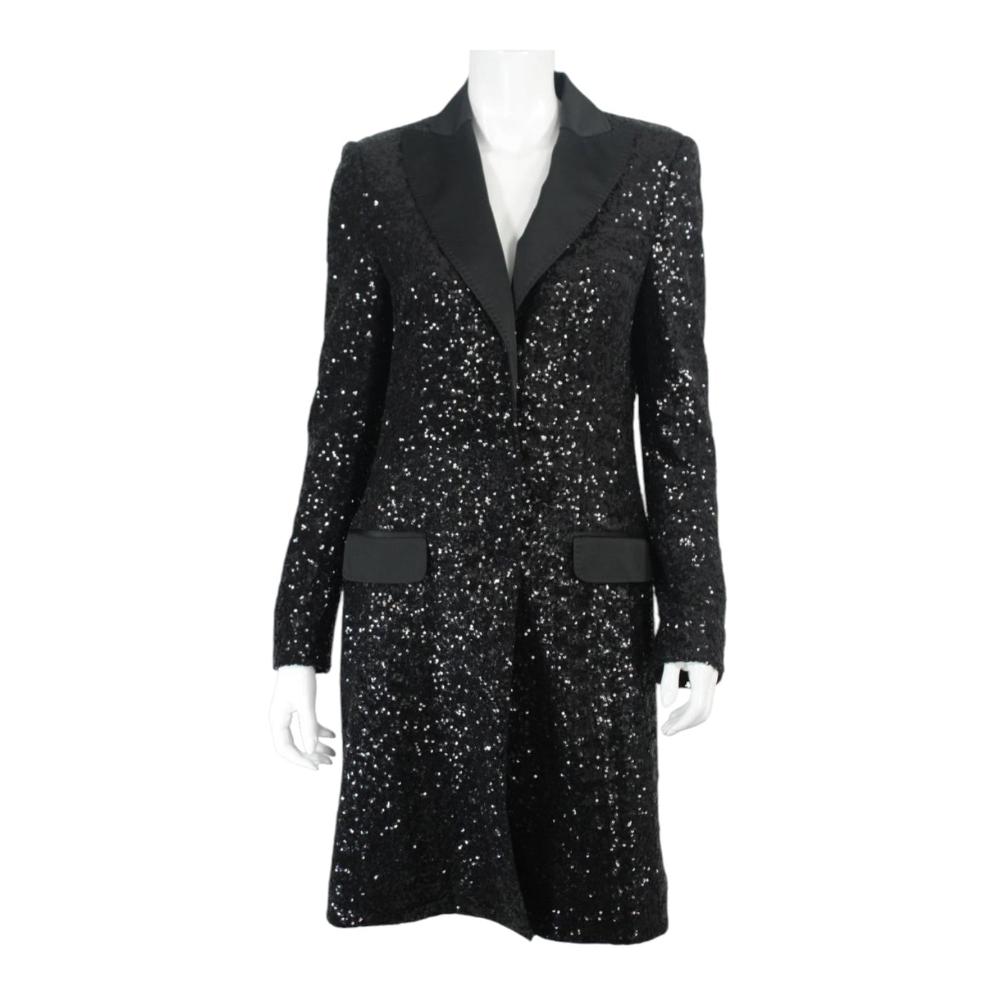 Moschino Black Longline Sequin and Satin Coat - 10/12