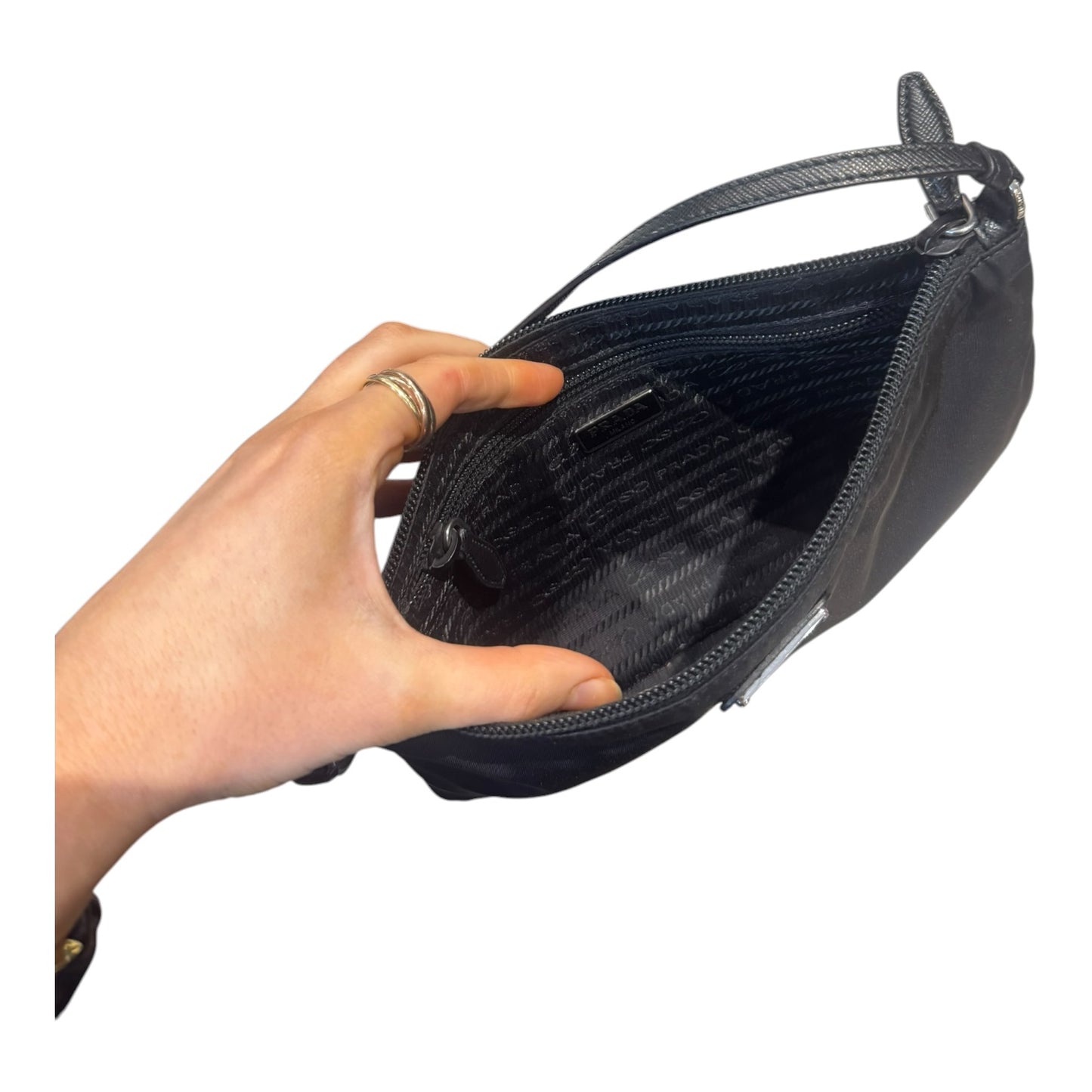 Prada Piatto Maniglia Nero Logo-Plaque Nylon Wristlet