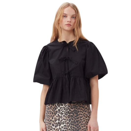 Ganni Black Tie Front Peplum Blouse - 12