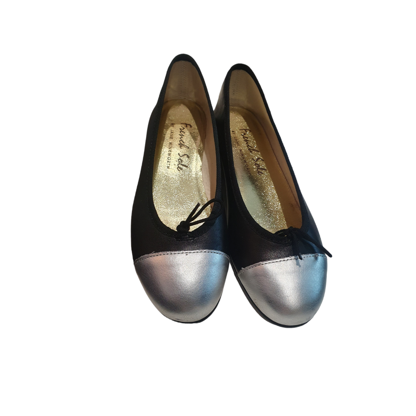 French Sole, black and silver pumps, size 5