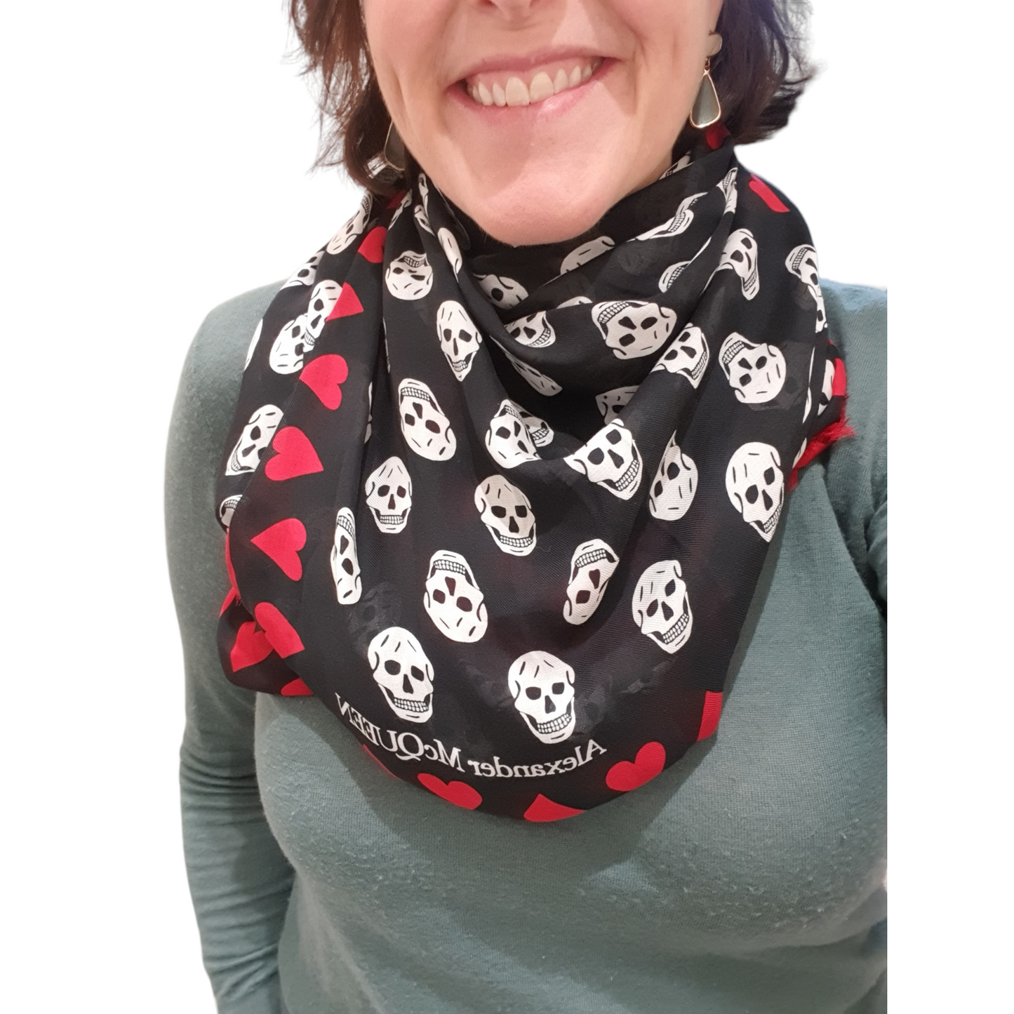 Alexander McQueen Love Heart Skull Scarf, black and red