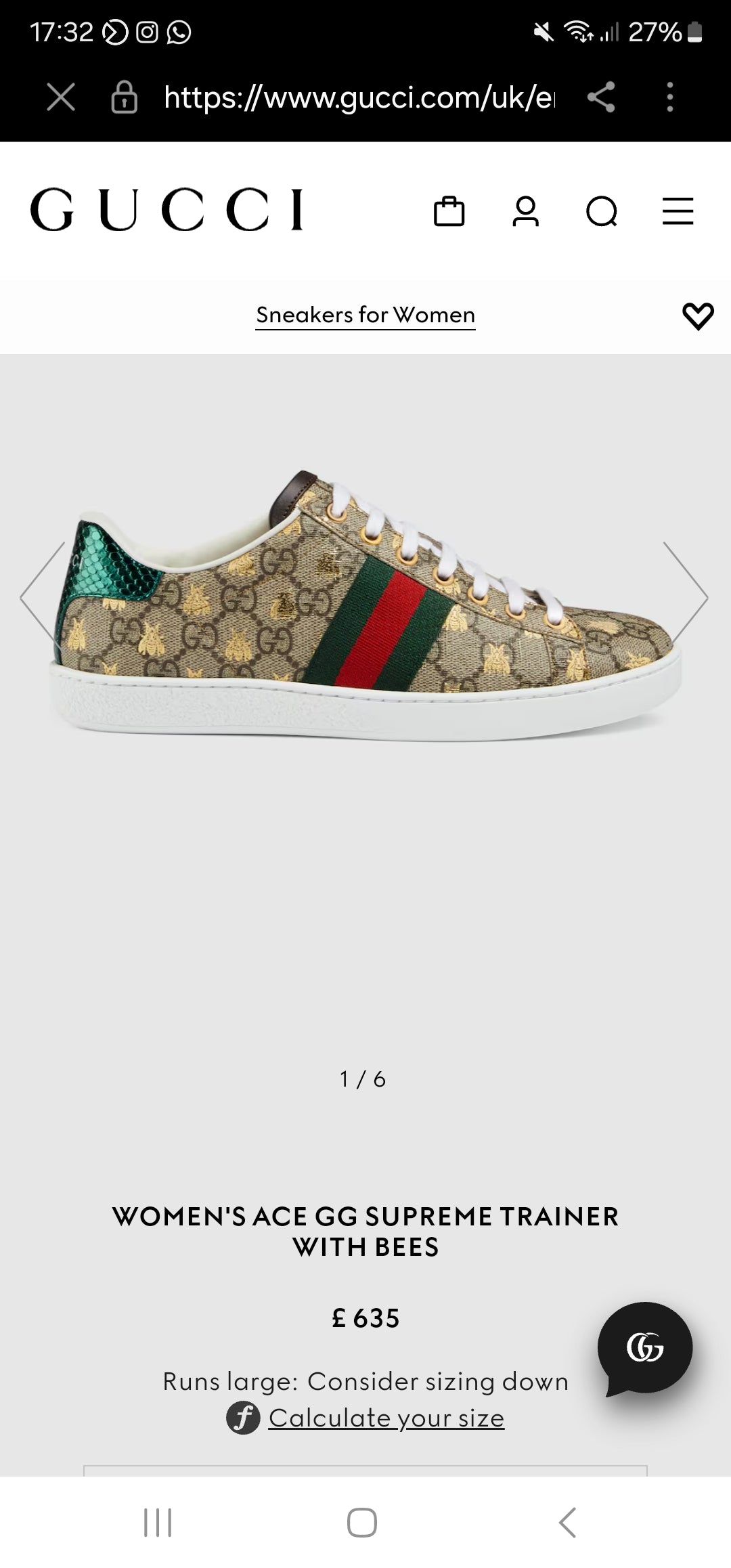 Gucci Ace Bee Sneakers, size 5, generous fit