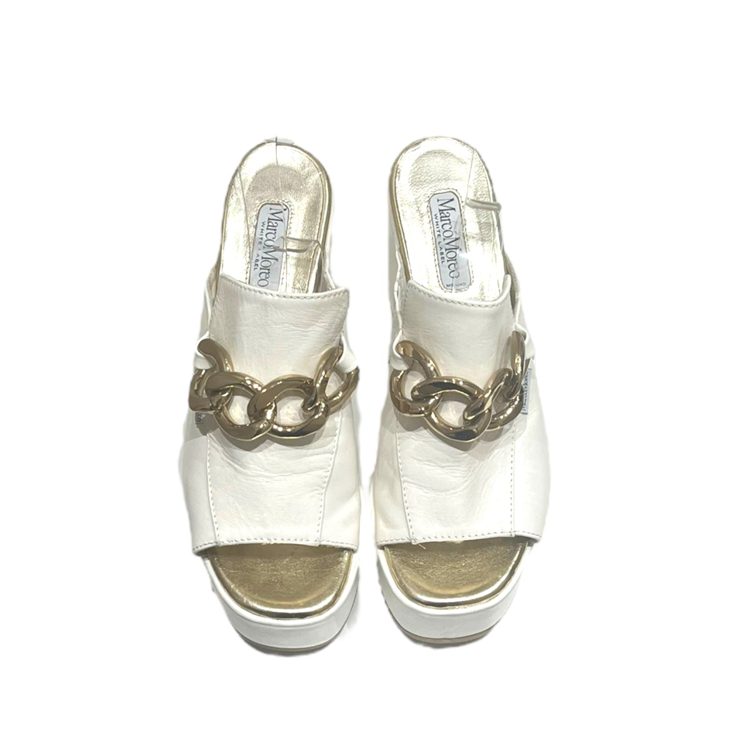 Marco Moreo White and Gold Chain Heels