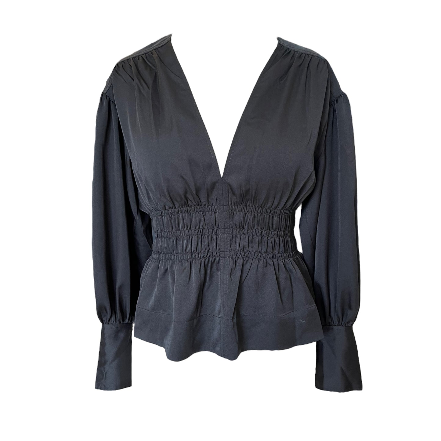 Ganni Black Ruched Puff Sleeve Top