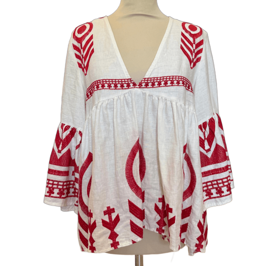 Greek Archaic Kori White with Red Embroidery Top - S / UK 10