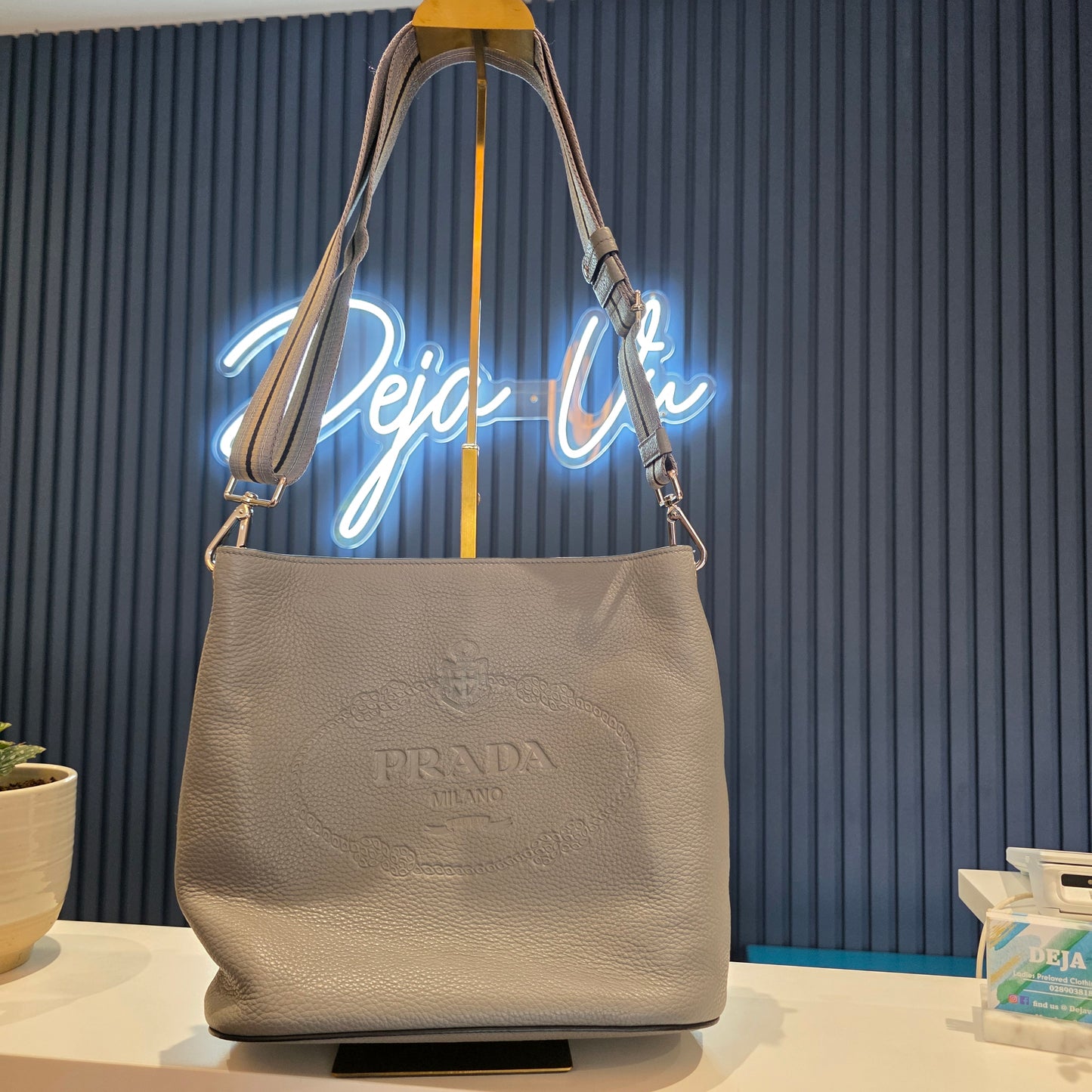Prada Vitello Phenix Grey Bucket Bag