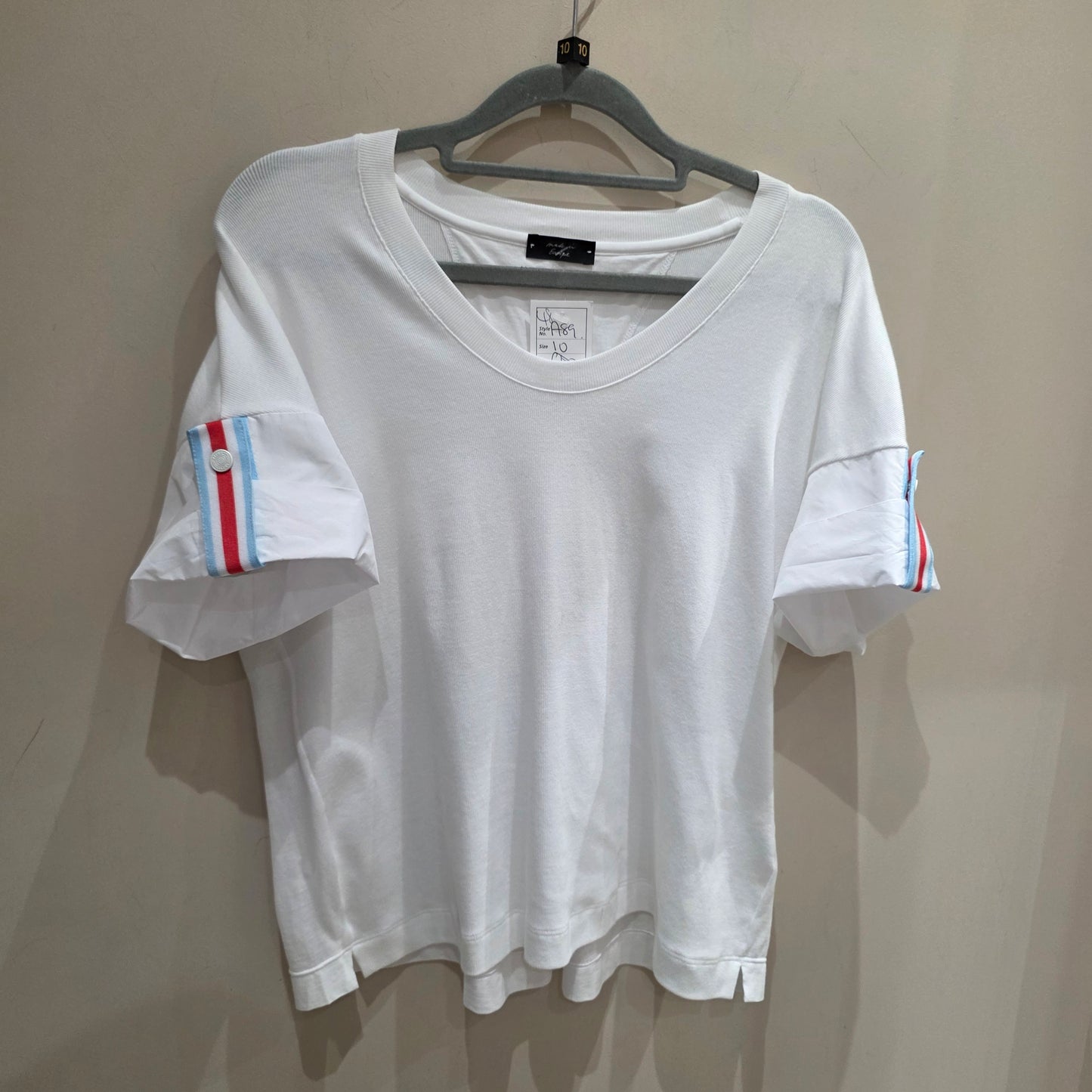 Marc Cain White TShirt with Blue and Red Stripe Sleeve Detail - 10