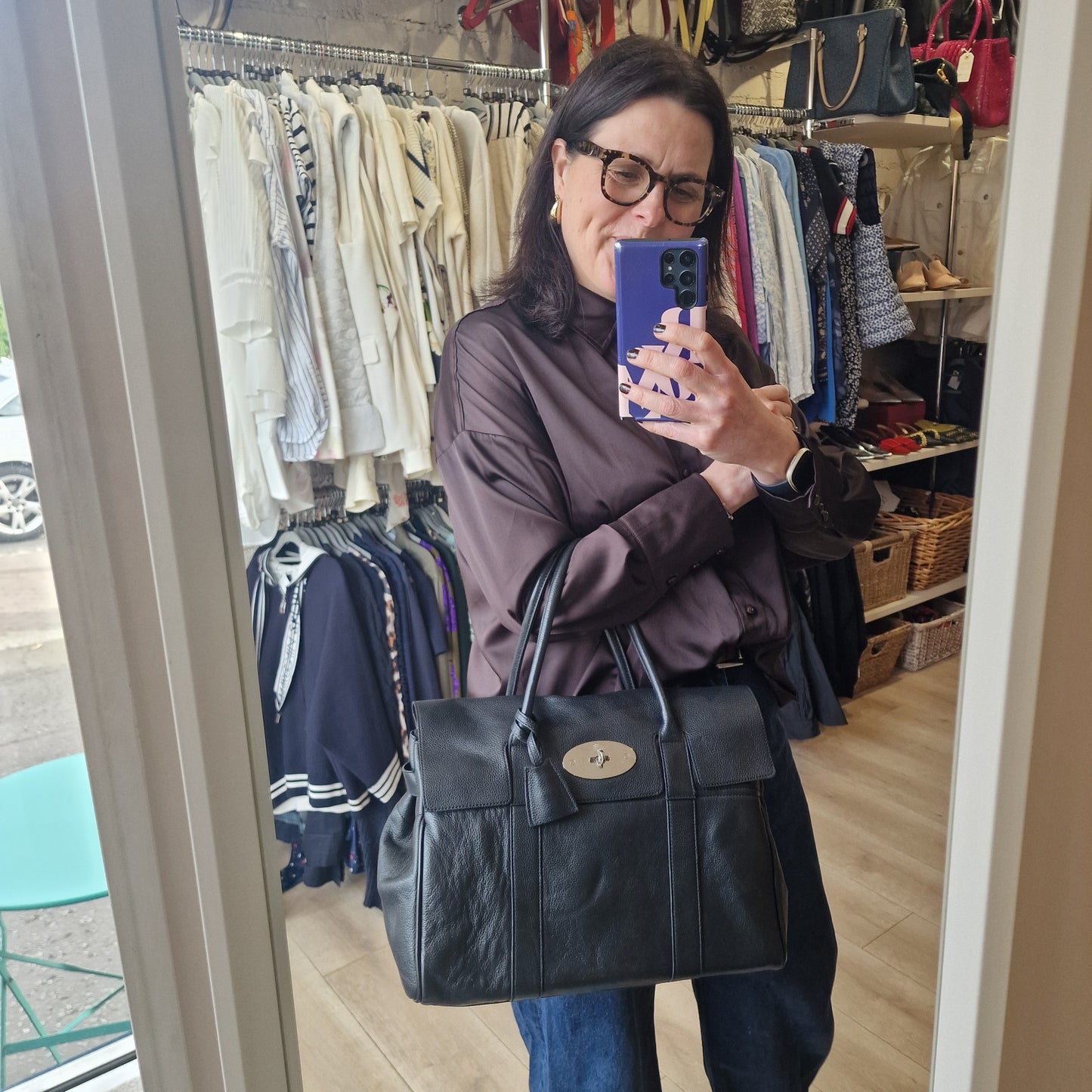 Mulberry Bayswater Black, Silver Hardware