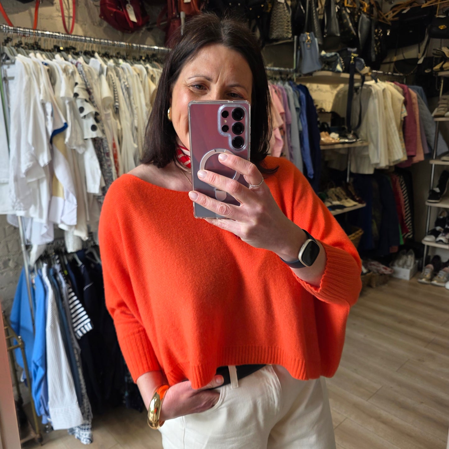 Le Tricot Perugia Orange Cashmere Oversized Crop Sweater - XS/S