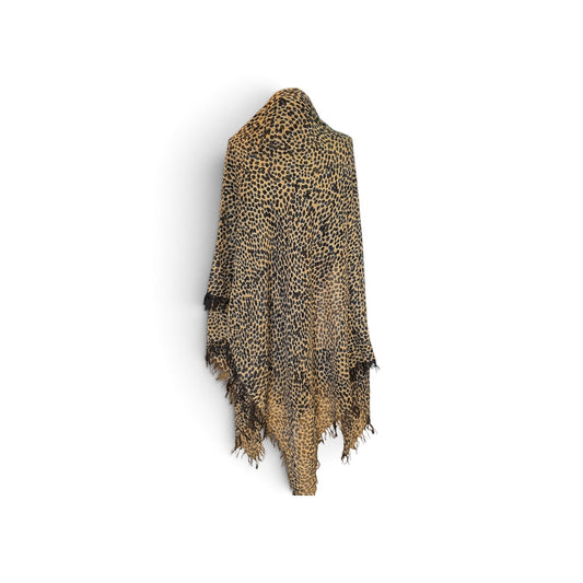 Chloe Fringed Camel, Navy and Black Print Cashmere and Silk Shawl