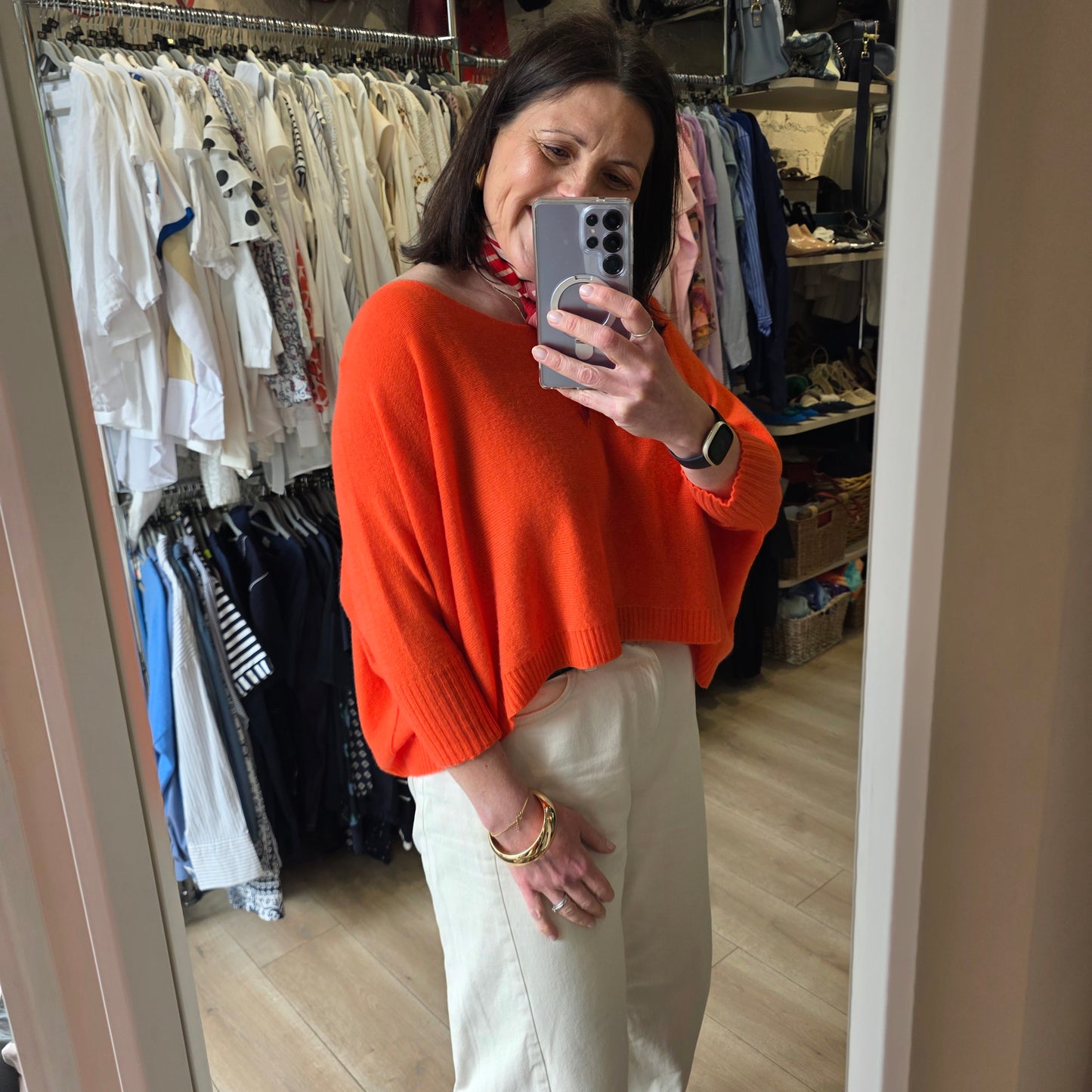 Le Tricot Perugia Orange Cashmere Oversized Crop Sweater - XS/S