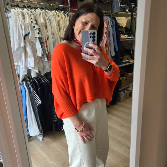 Le Tricot Perugia Orange Cashmere Oversized Crop Sweater - XS/S