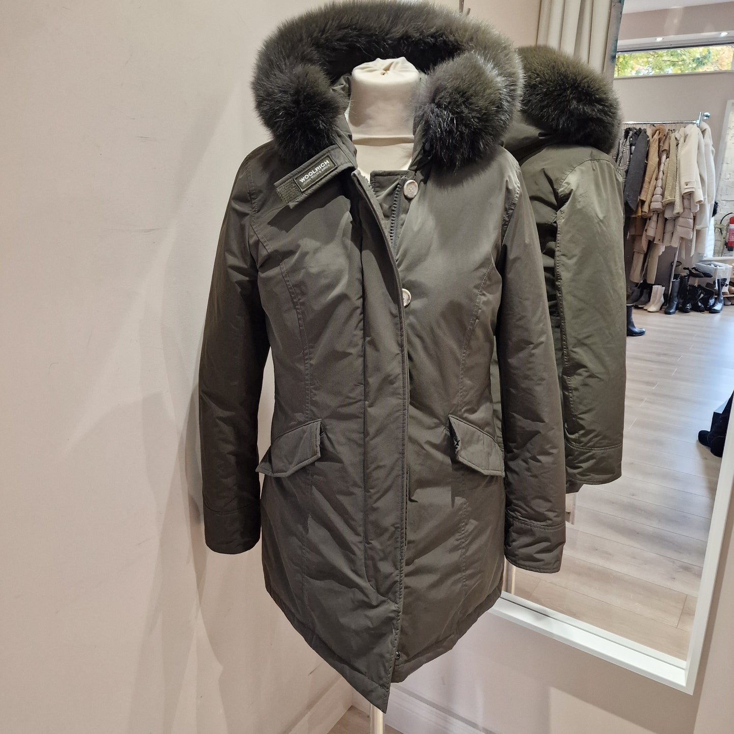 Woolrich Khaki Parka with Detachable Fur on Hood - Large/UK 12