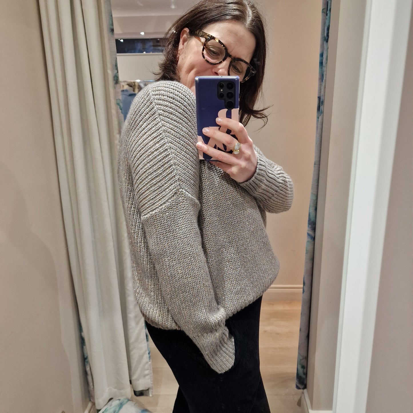 Marella Taupe and Gold Rib Round Neck Sweater - M