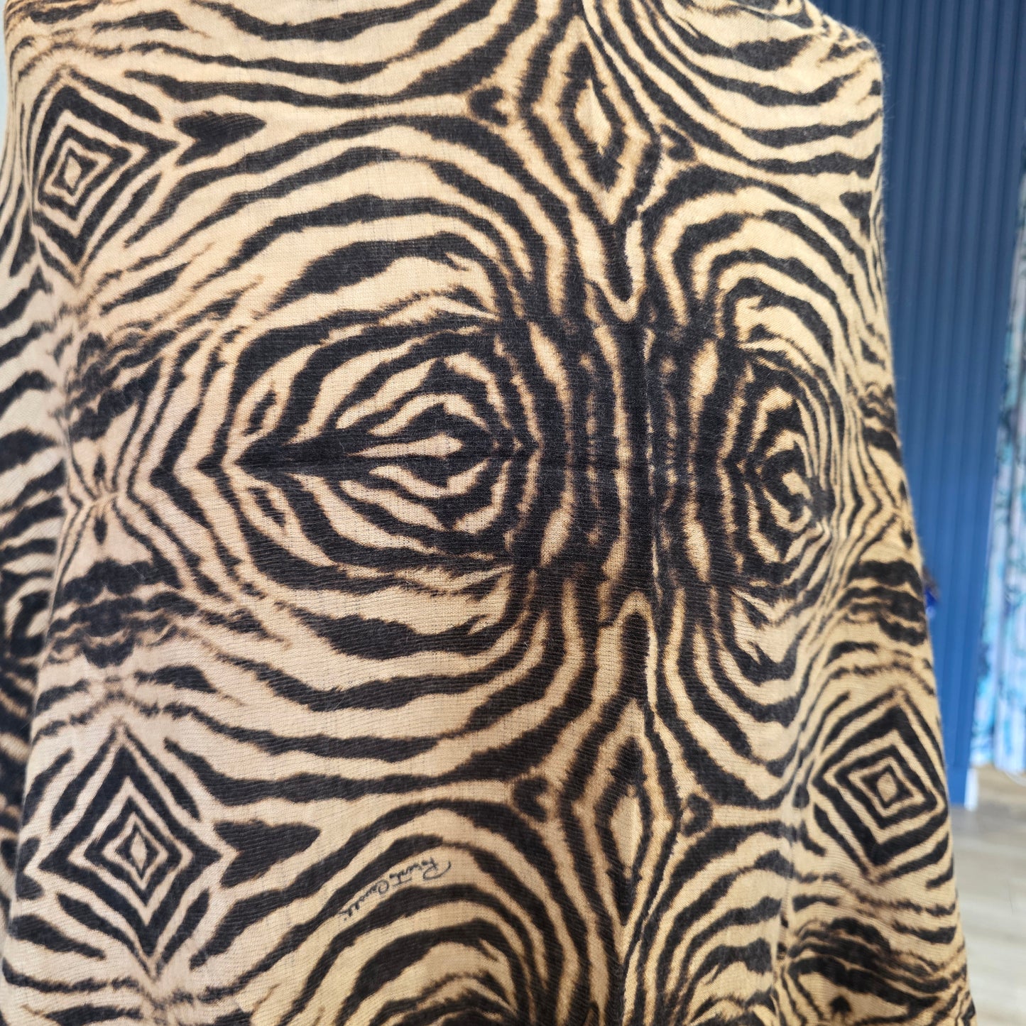 Roberto Cavalli Zebra Print Silk and Cashmere Fringed Scarf