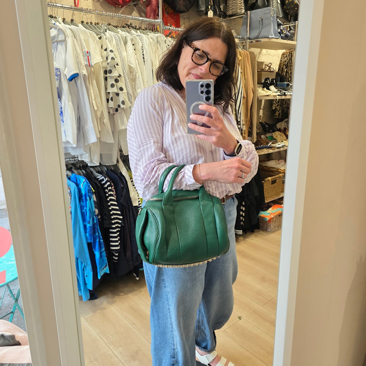 Alexander Wang Dark Green Leather Bowling Bag