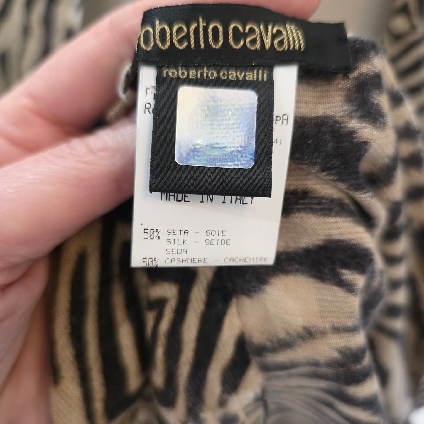 Roberto Cavalli Zebra Print Silk and Cashmere Fringed Scarf