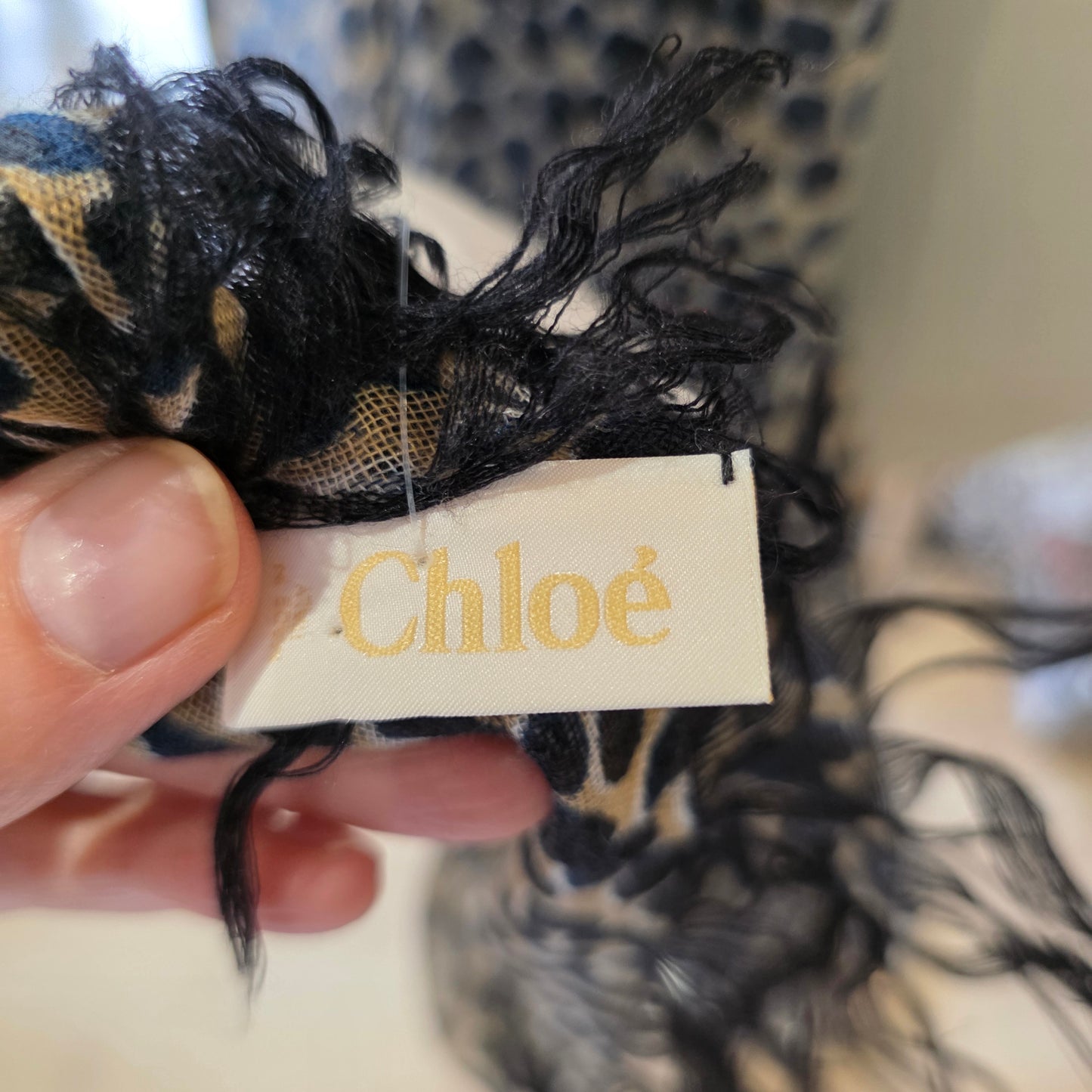 Chloe Fringed Camel, Navy and Black Print Cashmere and Silk Shawl