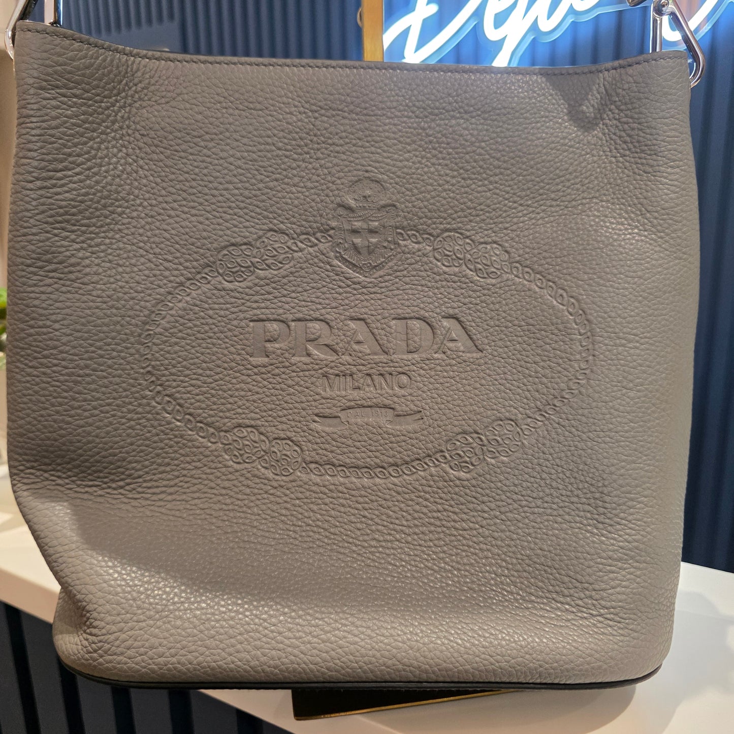 Prada Vitello Phenix Grey Bucket Bag