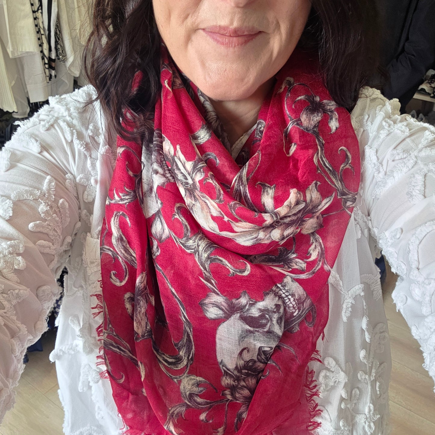 Alexander McQueen Maroon Skull and Floral Cashmere Blend Shawl