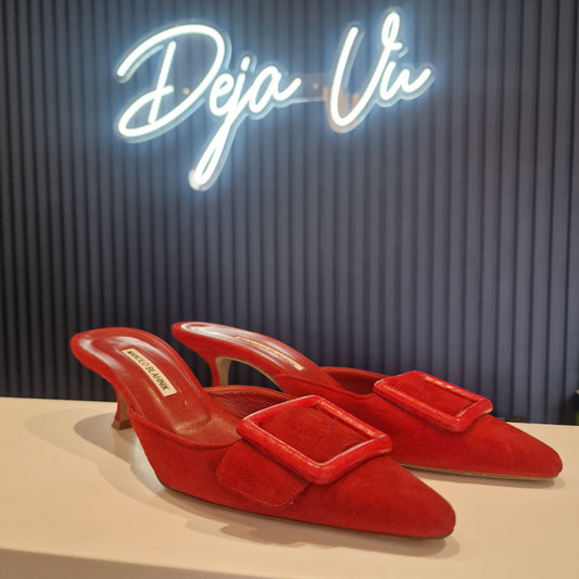 Manolo Blahnik Red Suede Kitten Heel Pumps - 6