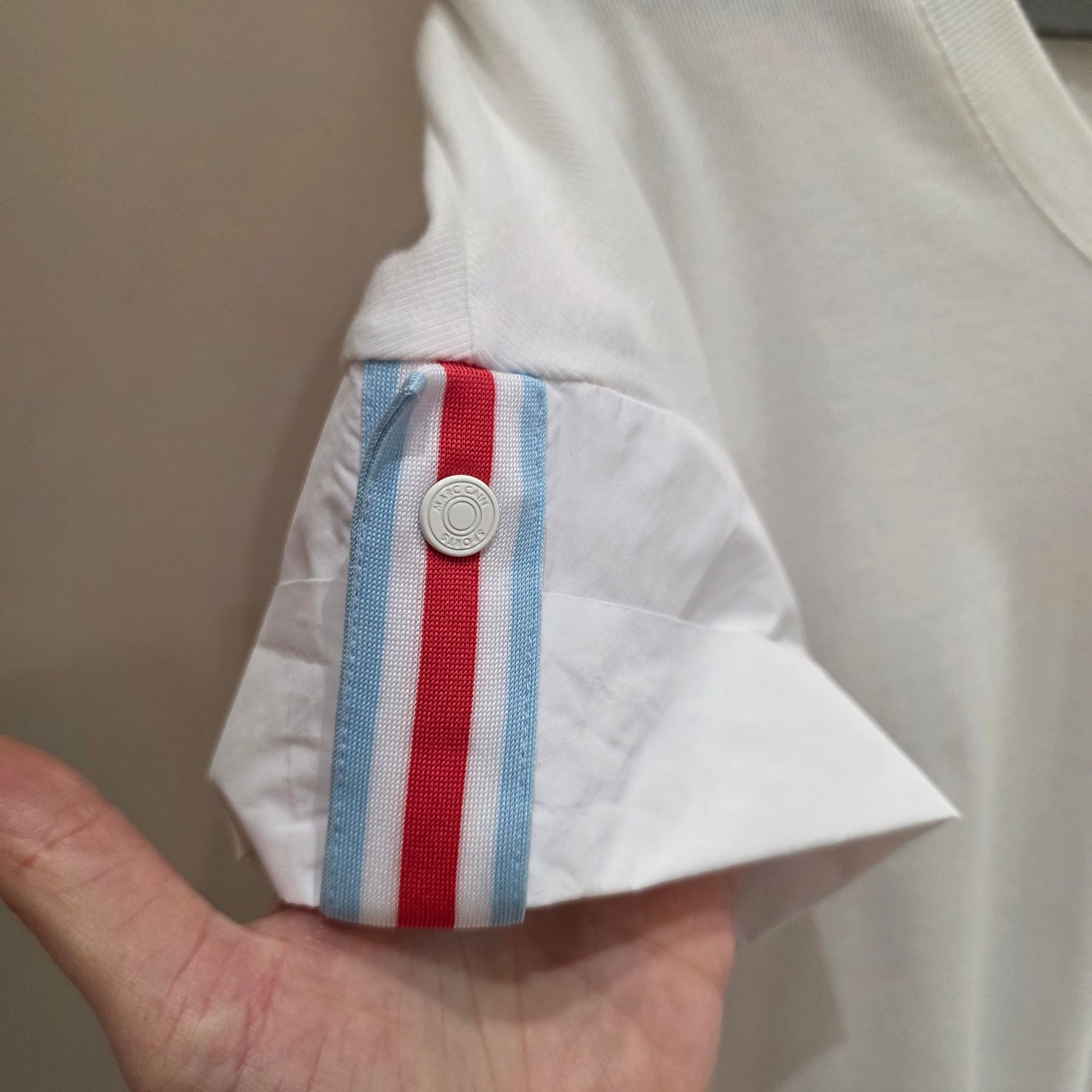 Marc Cain White TShirt with Blue and Red Stripe Sleeve Detail - 10