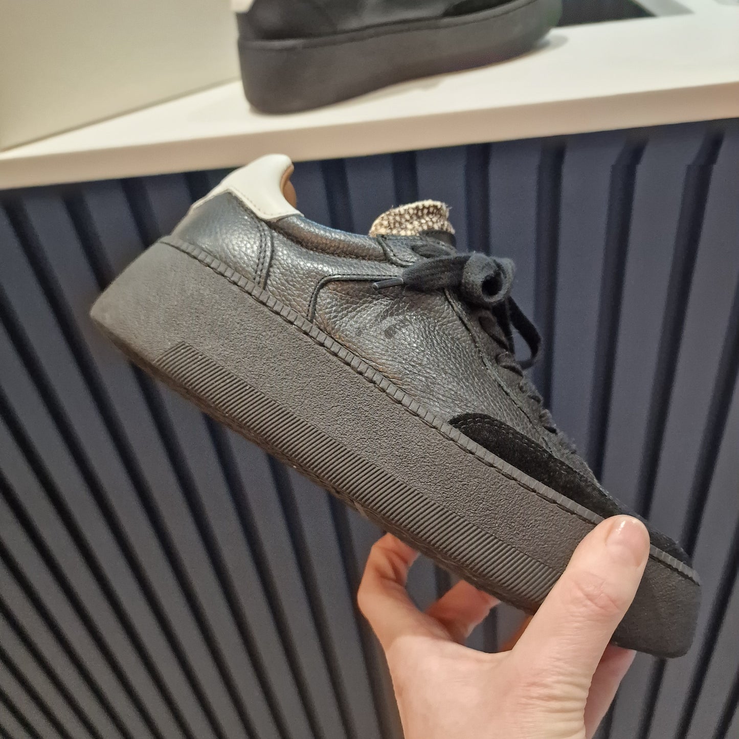 Russell & Bromley Black Leather Wedge Platform Sole Trainers - 6