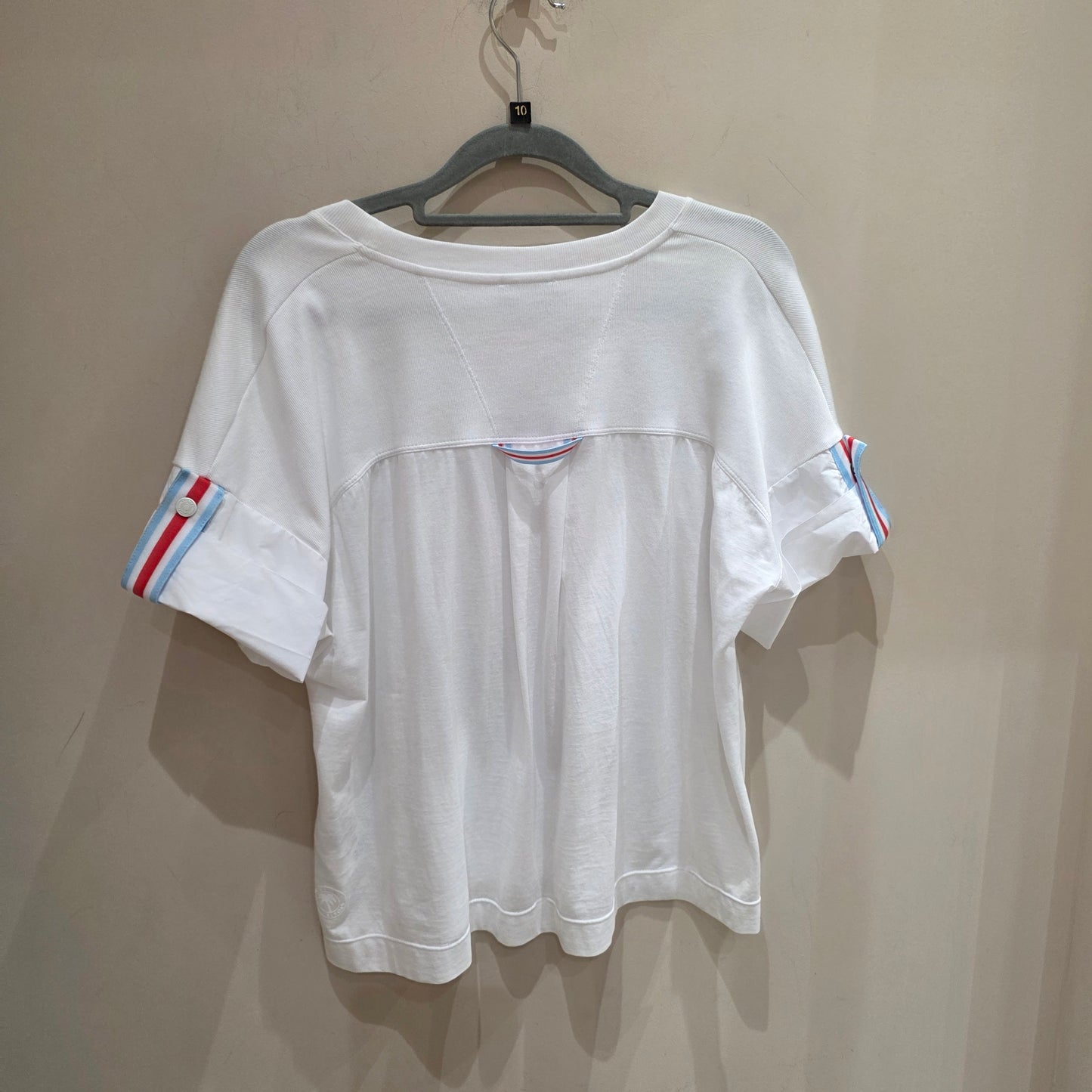 Marc Cain White TShirt with Blue and Red Stripe Sleeve Detail - 10