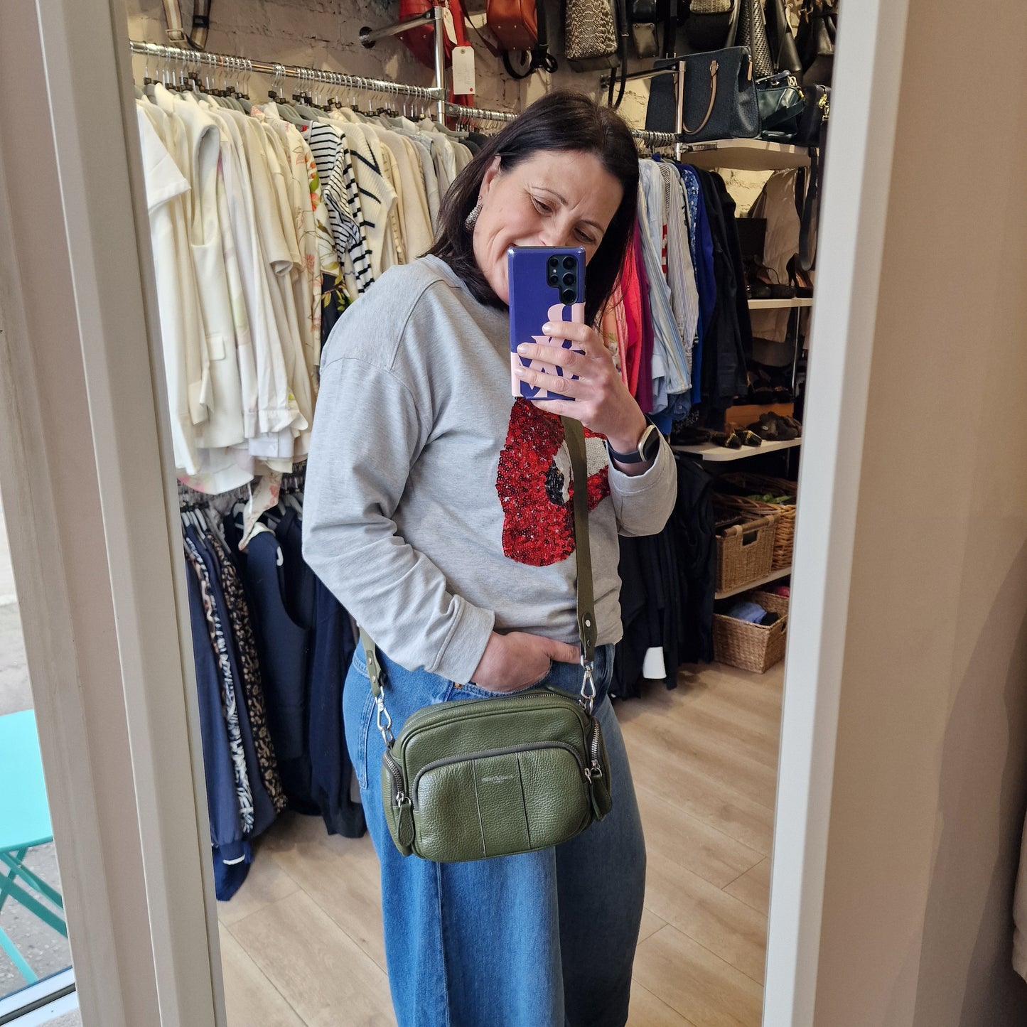 Russell and Bromley Khaki Leather 'Snapshot' Crossbody Bag