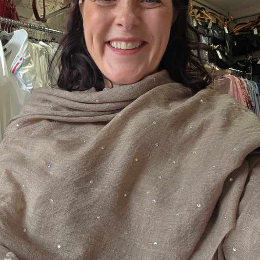 Jane Carr Taupe 💯 Cahmere Wrap with Swarovski Crystals