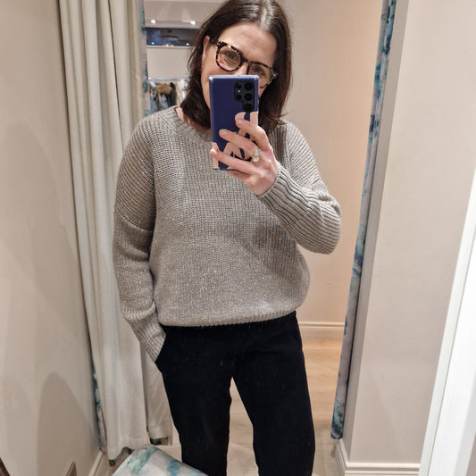 Marella Taupe and Gold Rib Round Neck Sweater - M