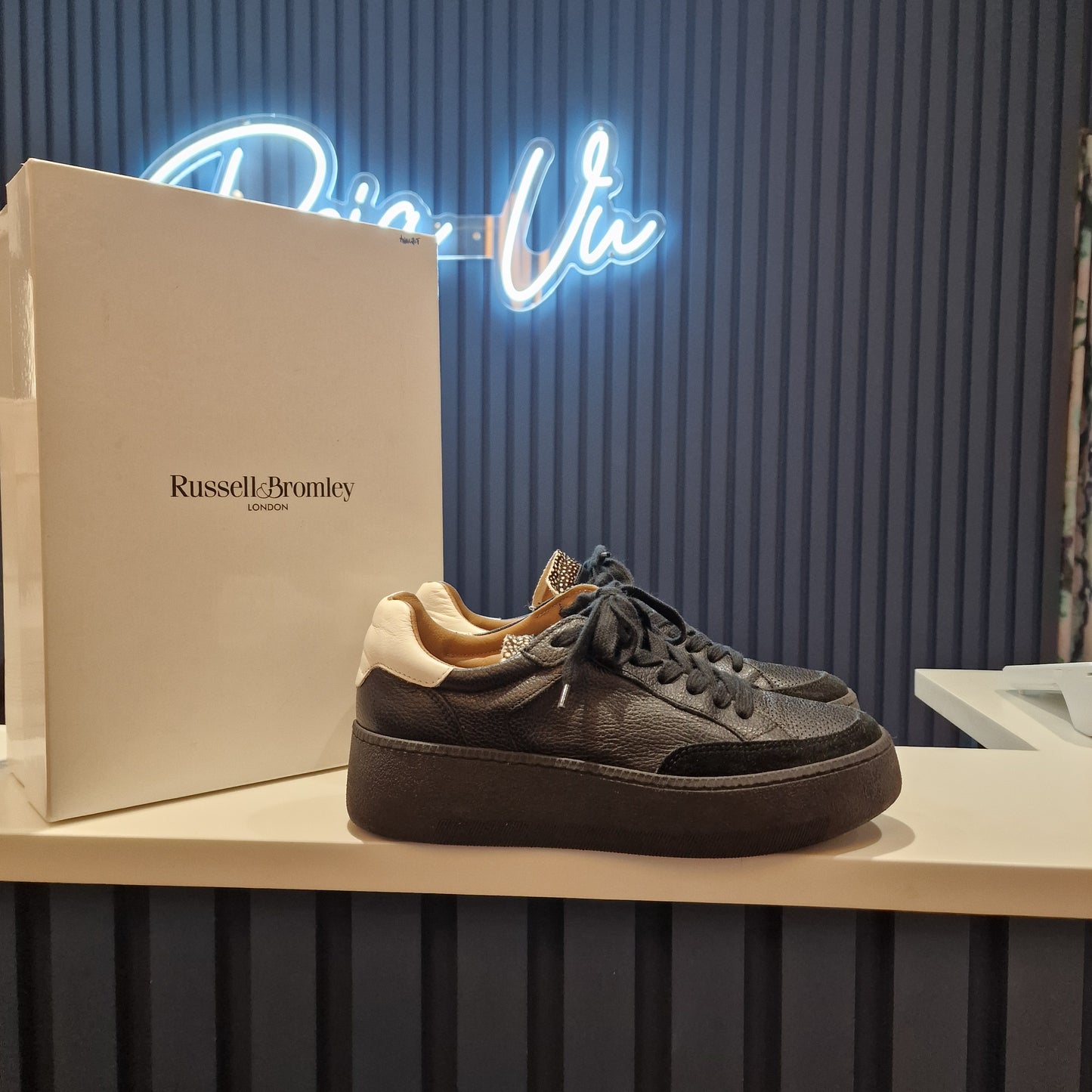 Russell & Bromley Black Leather Wedge Platform Sole Trainers - 6