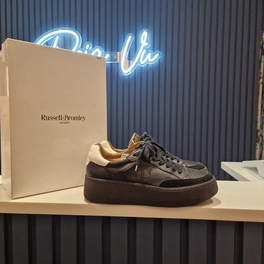 Russell & Bromley Black Leather Wedge Platform Sole Trainers - 6