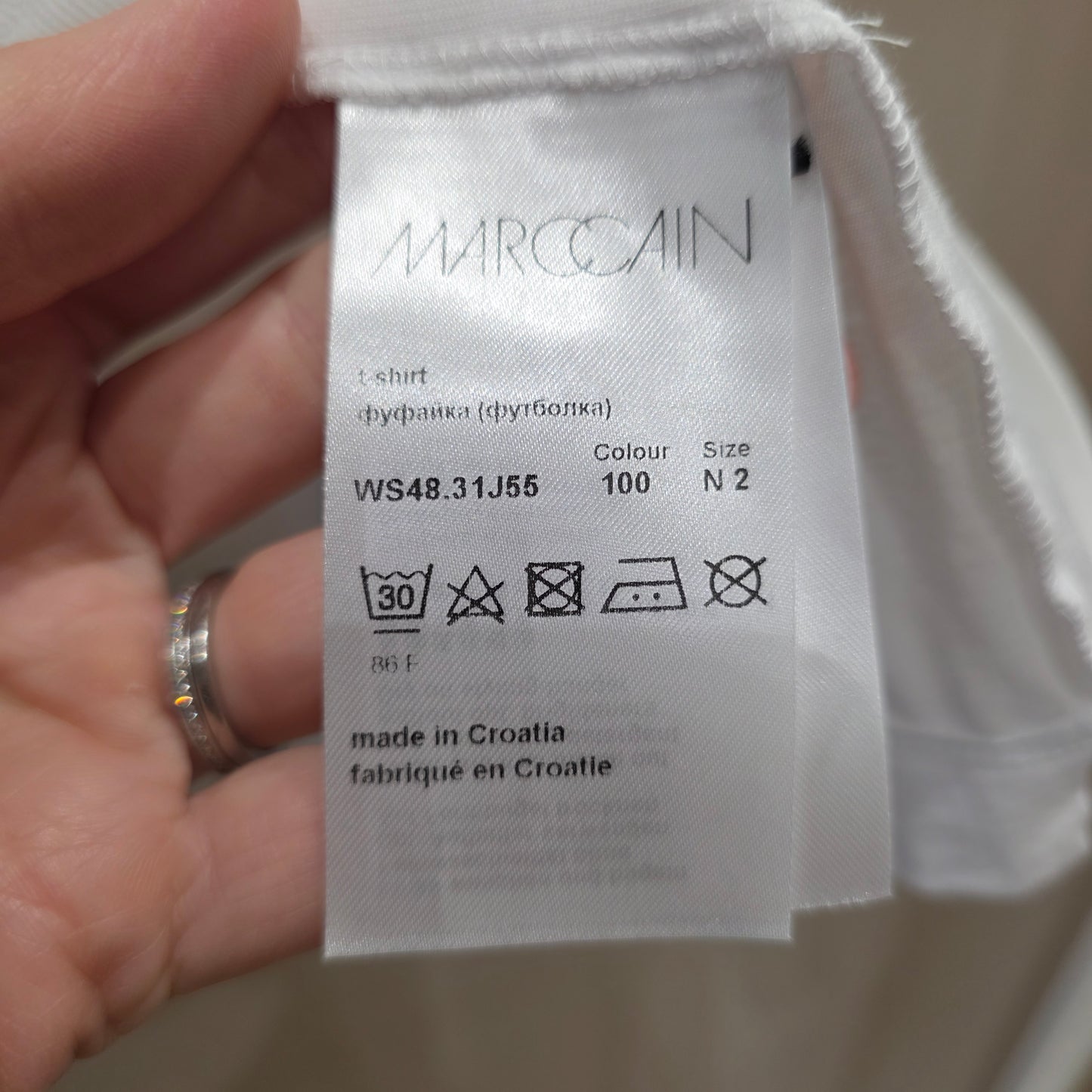 Marc Cain White TShirt with Blue and Red Stripe Sleeve Detail - 10