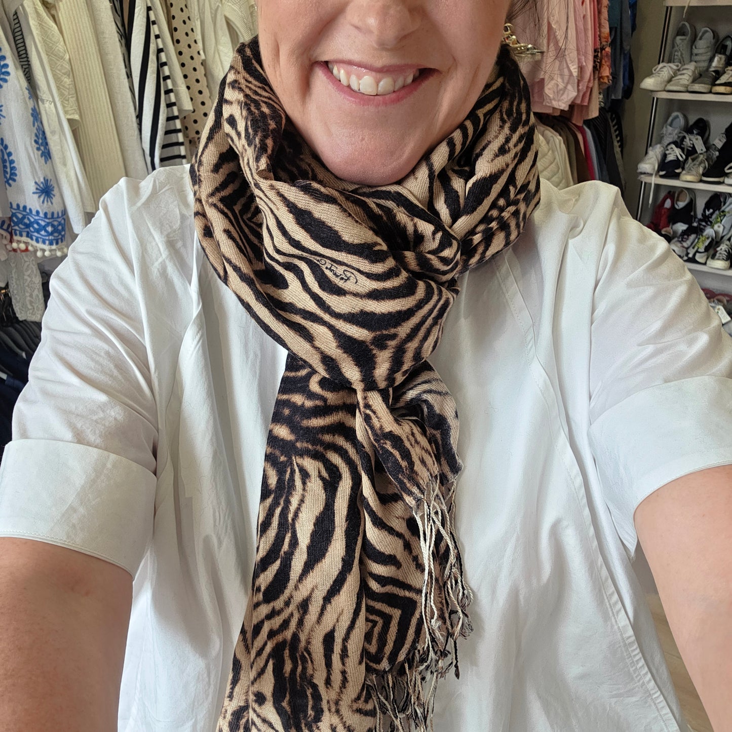 Roberto Cavalli Zebra Print Silk and Cashmere Fringed Scarf