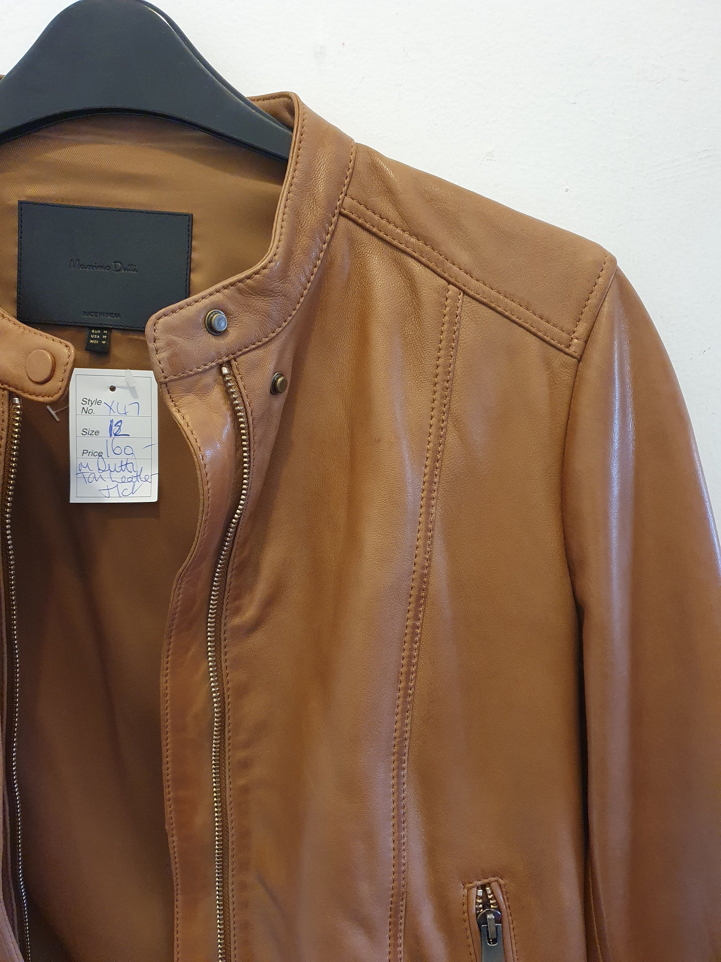 Massimo Dutti, Tan Leather Jacket, Size M/UK 12